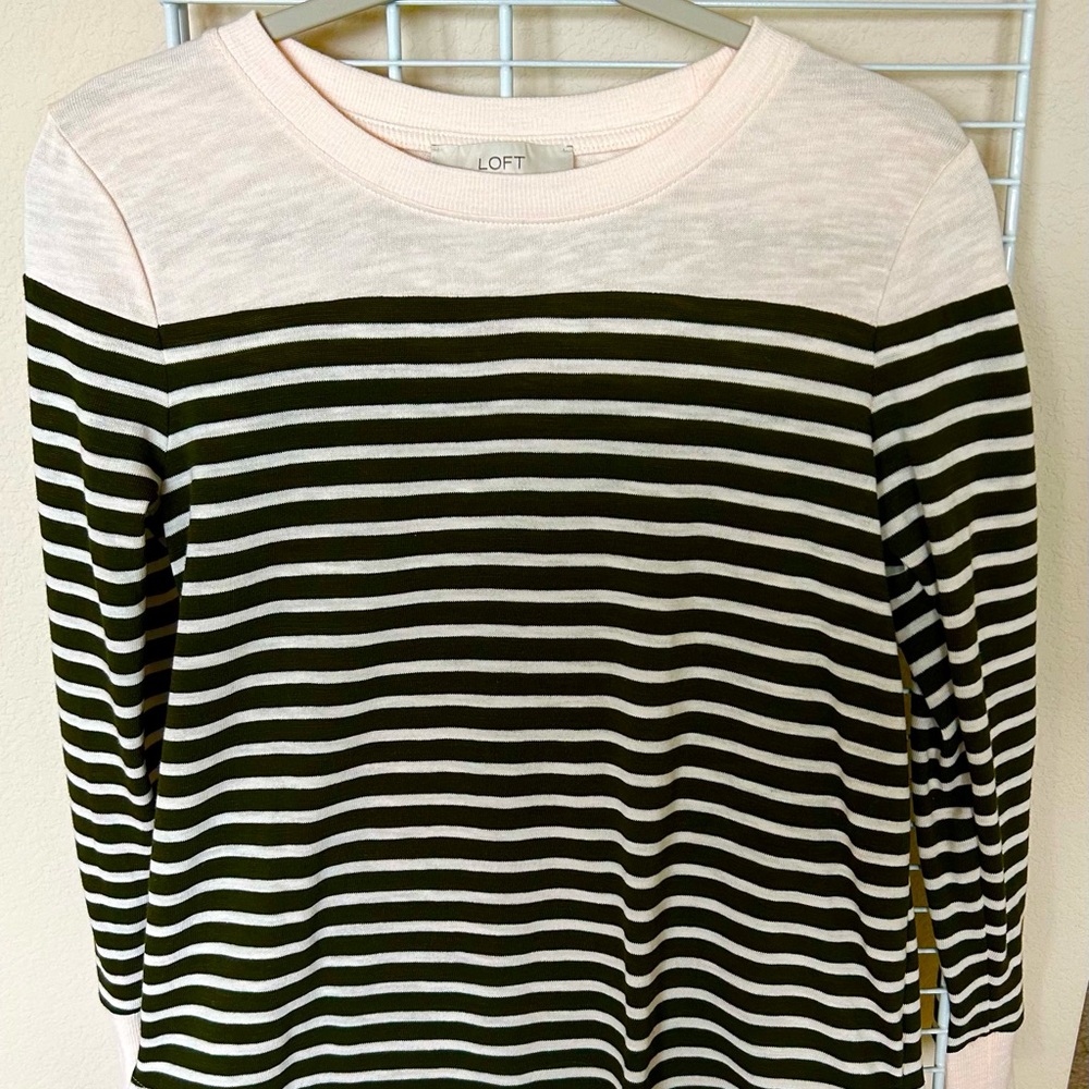 LOFT Striped olive Green and Cream Top